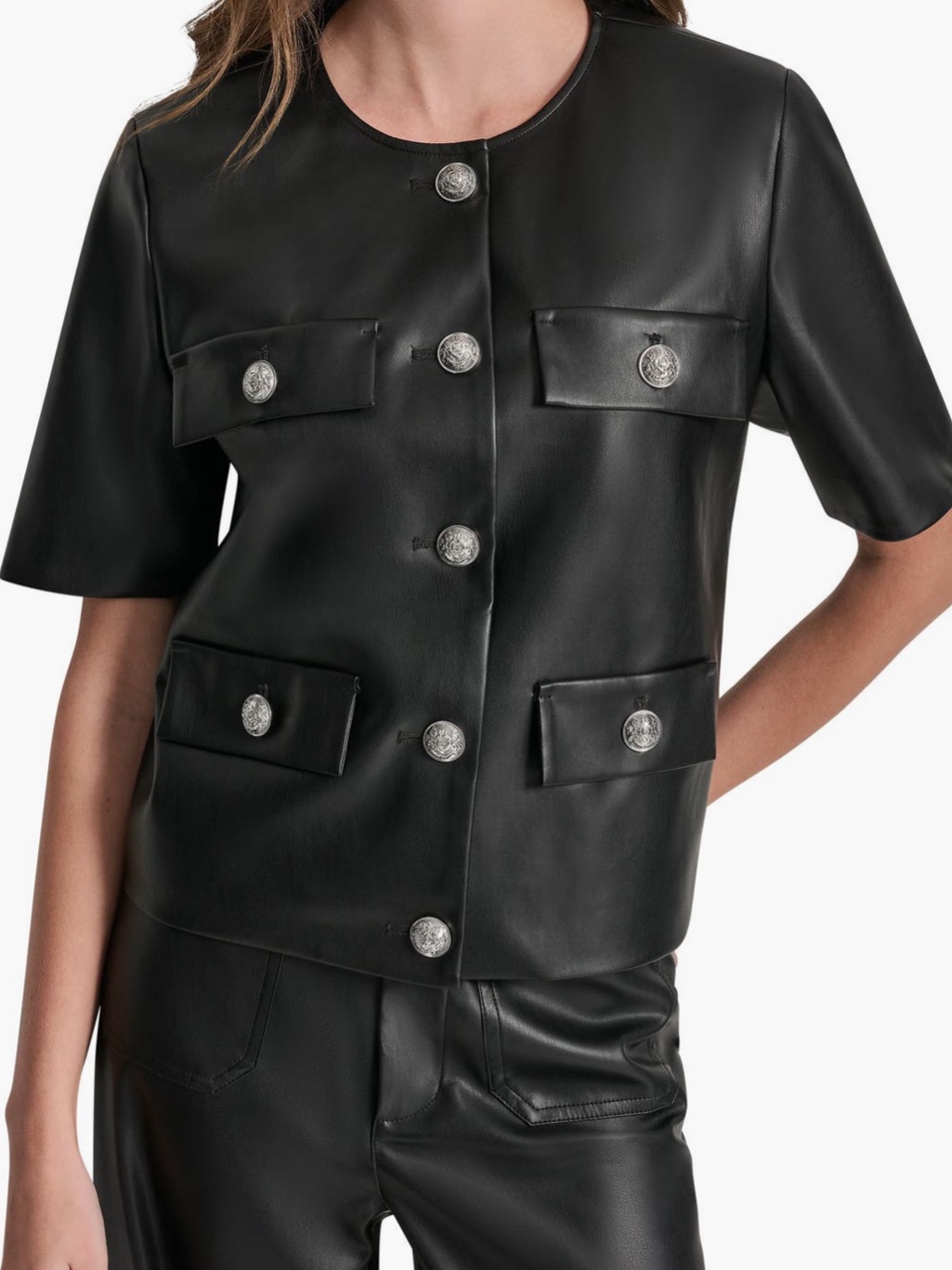 Dkny Short-Sleeve Faux Leather Button Jacket